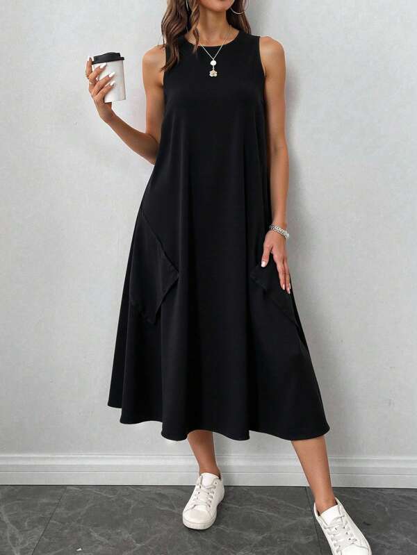 EMERY ROSE Plus Size Women Casual Black Solid Color Midi Dress, Suitable For Spring & Summer