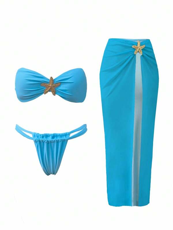 Swim Oasis 3pcs Women Swimsuit Set - Solid Color Bandeau Top, Thong Bottom, And Beach Skirt With Starfish Mesh Cut-Out Trim