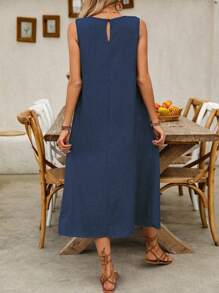 Omancia 女式休闲无袖太阳裙，带双口袋，超长度假海滩装 - 藏蓝色 - 查看 3