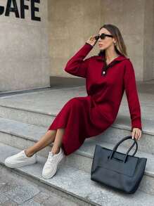EURMUSE Abito in maglia con collo alla polo da donna - Rosso - Visualizzare 7
