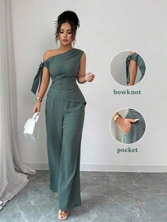 Elenzga Damen 2-teiliges Set mit elegantem Design - asymmetrischer Schulter-Schnürung, geraffter Seite, ungleichmäßiger Saum Top & gerade geschnittene Hose