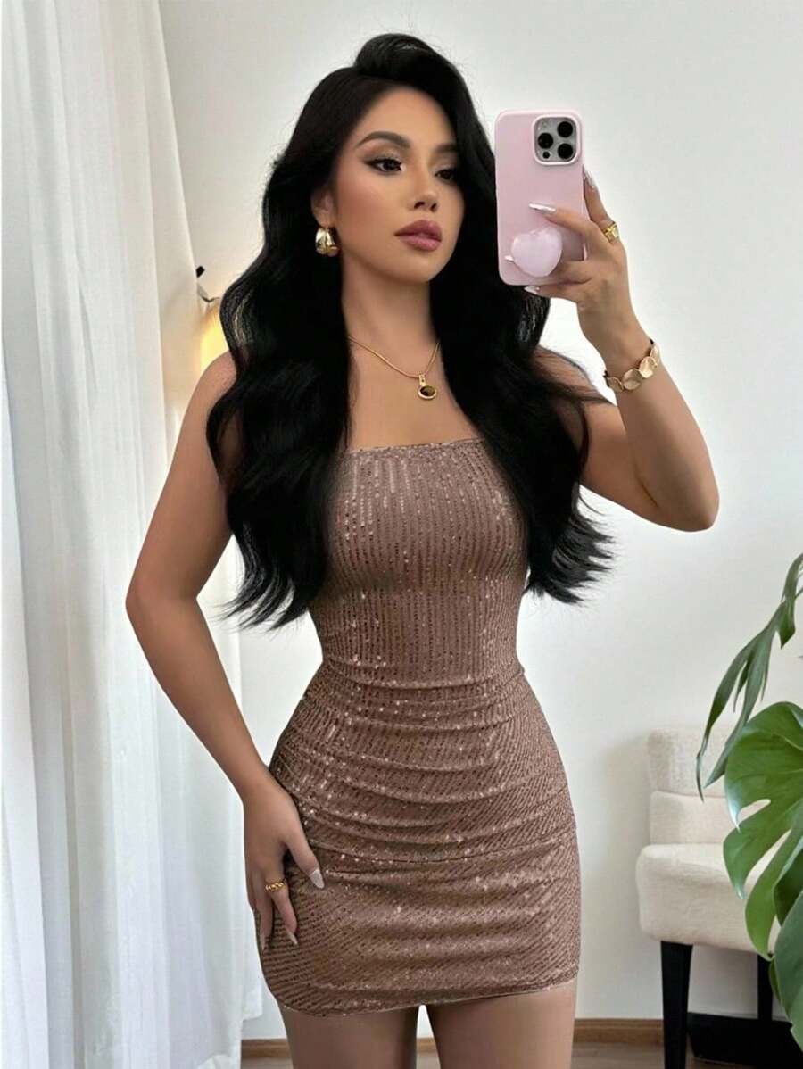 Selianne 性感派对香槟色亮片短款下摆女式迷你连衣裙 - 棕色 - 查看 1