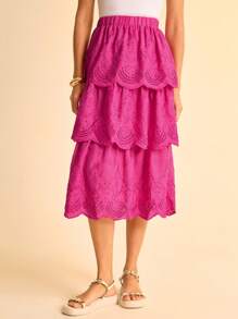 CAJUNI Women's Casual Vacation Rose Red Three-Layer Cake Ruffle Hem Skirt Embroidered Skirt Bohemian Women's Cute Birthday Skirt Country Concert - Hot Pink - View 5