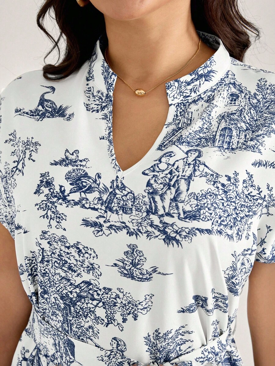 SHEIN LUNE 女士加大码休闲度假印花系带连衣裙加大码衬衫连衣裙蓝白相间连衣裙女士加大码束带连衣裙返校西部装女士街头装复古基本款返校秋季外出运动服商务休闲女装