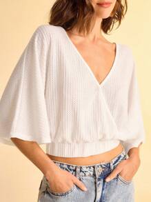 CAJUNI 女士度假风 V 领华夫格针织纹理休闲蝙蝠袖宽松短款上衣，夏季上衣，女士上衣，白色上衣，女士户外上衣，白色上衣，短款上衣，白色短款上衣，女士上衣，女士白色上衣，基础款上衣，女士夏季上衣，女士工作衬衫，女士休闲上衣。