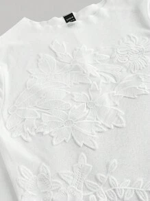 SHEIN MOD Women's Simple White Floral Embroidered Round Neck Mid-Sleeve T-Shirt, Summer,Back To School Clothes,Office Wear Women,Old Money Style Women,Teacher Outfits,Vacation Outfits Women - White - View 3