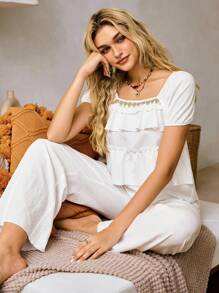 Lullawish Bohemian Elegant Lace Trim Layered Ruffle Women Pajama Set Babydoll Pajama Set