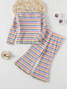 Cozy Pixies Baby Girls 2pcs Set Bow Decor Colorful Striped Round Neck Short Sleeve Crop Top And Flare Pants Baby Girl Striped Outfit Rainbow Baby Outfit Toddler Striped Two Piece Set Baby Bell Bottom Outfit Knit Toddler Set