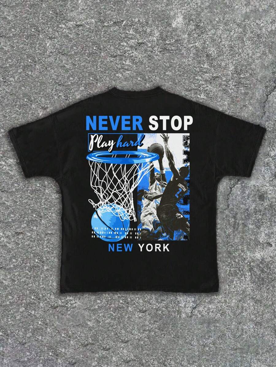 SHEIN Leap Crew Camiseta de manga corta con cuello redondo y gráfico de baloncesto informal para niño preadolescente, adecuada para el verano - Negro - Ver 1