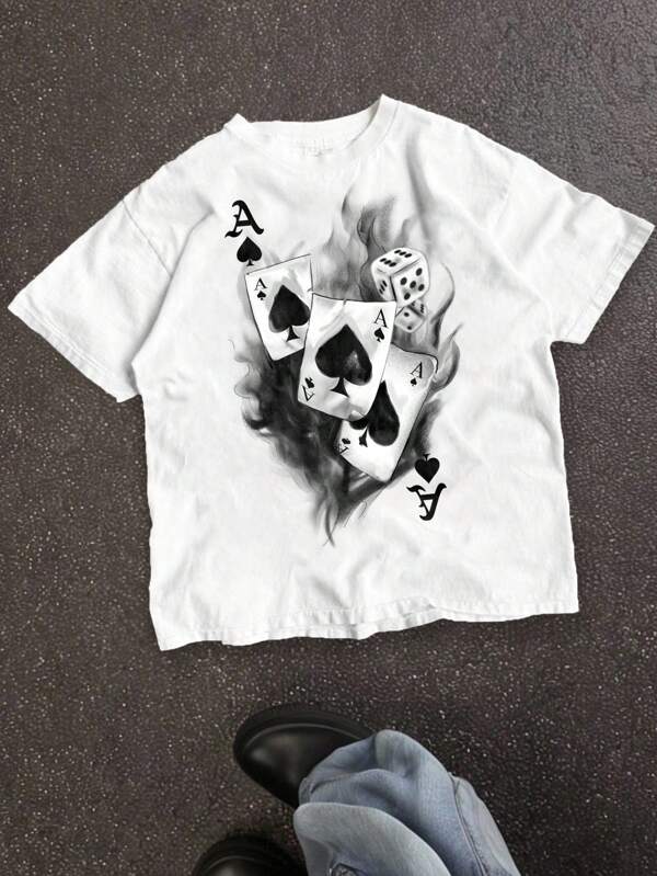 SHEIN Adolescent Băiat Casual Desene Animat Spade Ace Imprimat Gât Rotund Tricou cu mânecă scurtă, Potrivit pentru vară