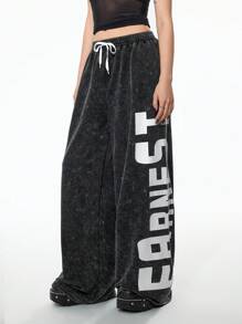 StreetHx Pantalones anchos de chándal holgados con estampado grande y efecto desgastado vintage para mujer - Gris Oscuro - Ver 1