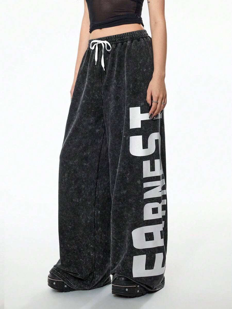 StreetHx Pantalones anchos de chándal holgados con estampado grande y efecto desgastado vintage para mujer - Gris Oscuro - Ver 1