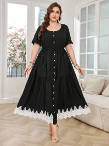 Lacomfia Legeres, einfarbiges Kleid mit Spitzenkante, Tunnelzug in der Taille, weite Form, Frühjahr/Sommer, Große Größen - Schwarz - Übersicht 5