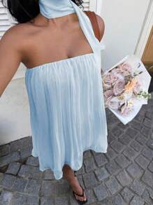 Sunnyshic Solid Color Pleat Hem Mini A-Line Dress - Baby Blue - View 4