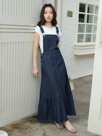 K-Vae Women's Autumn Casual Loose Ruffle Hem Overall Denim Dress,Korean Style,Homecoming Dress,Fall Outfits For Women, Old Money Style Women Denim Overall Dress