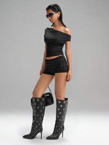 LYSMO Women's Fashion Rhinestone Decor Asymmetric Collar Top, Minimalist Chic,Grunge And Punk Chic, Y2K Clothes, Edgy Clothes Woman And Unique Clothes 2025 New Arrival - Black - View 8