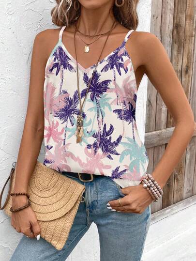 SHEIN LUNE Lässiges Kokospalmen-Muster V-Ausschnitt Trägerhemd, geeignet für den Sommer