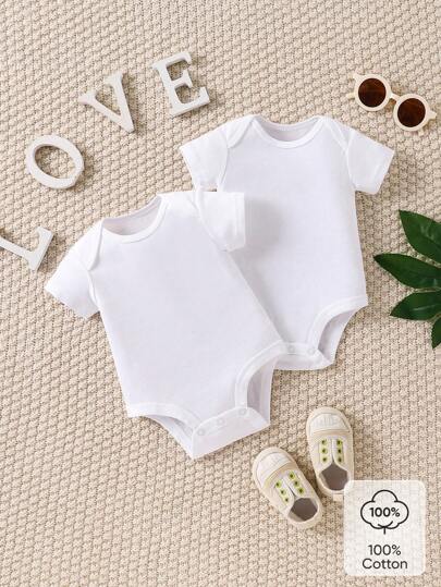 SHEIN 2Pcs/Set Newborn Infants Unisex Simple White Solid Comfortable Short Sleeve Crossed Shoulder Snap Button Bodysuit With Elastic, Elegant & Minimalist Bodysuit