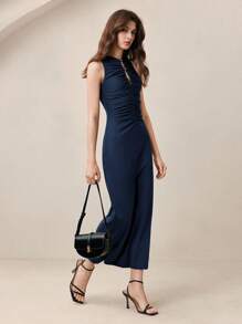 BizChic Navy Blue Women's Dress With Metal Decor Button, Asymmetrical Cut-Out Design, Elegant & Romantic For Casual, Commute, Simple & Fashionable Basic Business Casual Wear, Office Attire, Formal Occasion