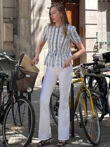 Pariaura 女士时尚短袖修身衬衫，优雅印花，春夏学院风服装 - 彩色 - 查看 3