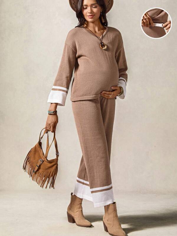 Boho Mama Set de 2 piezas con top de suéter tejido de manga larga holgado informal y pantalones de pierna ancha para maternidad