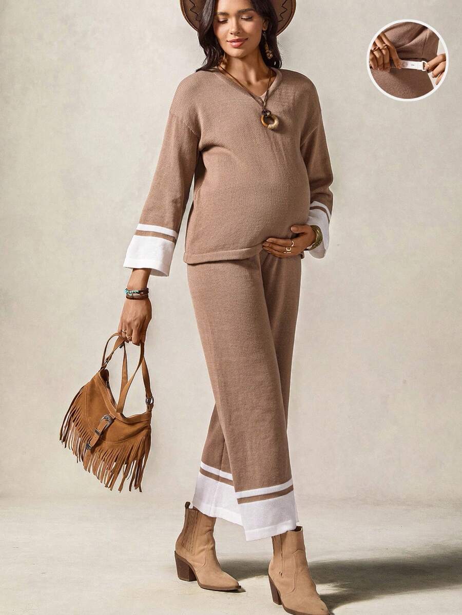Boho Mama 2pcs Maternity Casual Loose Fit Long Sleeve Knitted Sweater Top And Wide Leg Pants Set ,Fall Women Clothes,Fall Outfits For Women