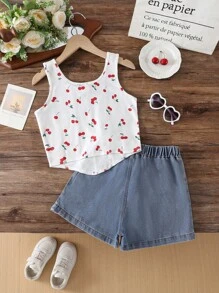 Sparklyn 少女樱桃印花不对称下摆无袖上衣和牛仔短裤两件套 - 白色 - 查看 2