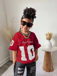 年轻女孩休闲街头风V领宽松短袖衬衫红色球衣足球T恤 - 紅色 - 查看 4