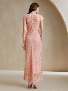 Anewsta 浪漫宴会性感V领蕾丝刺绣串珠盖袖女式连衣裙