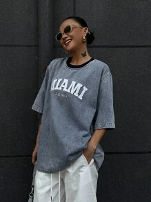 Livesso 女式夏季圆领短袖刺绣字母牛仔上衣 - 藍色 - 查看 5