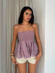 Glamine Textured Wrinkled Fabric Elastic Bandeau Top With Ruffle Hem Ruffle Top Shirred Top Women Ibiza Party Graduation Babydoll Top For Women Women's Vacation Top Daily Simple Top Western Top - Red Violet - View 3