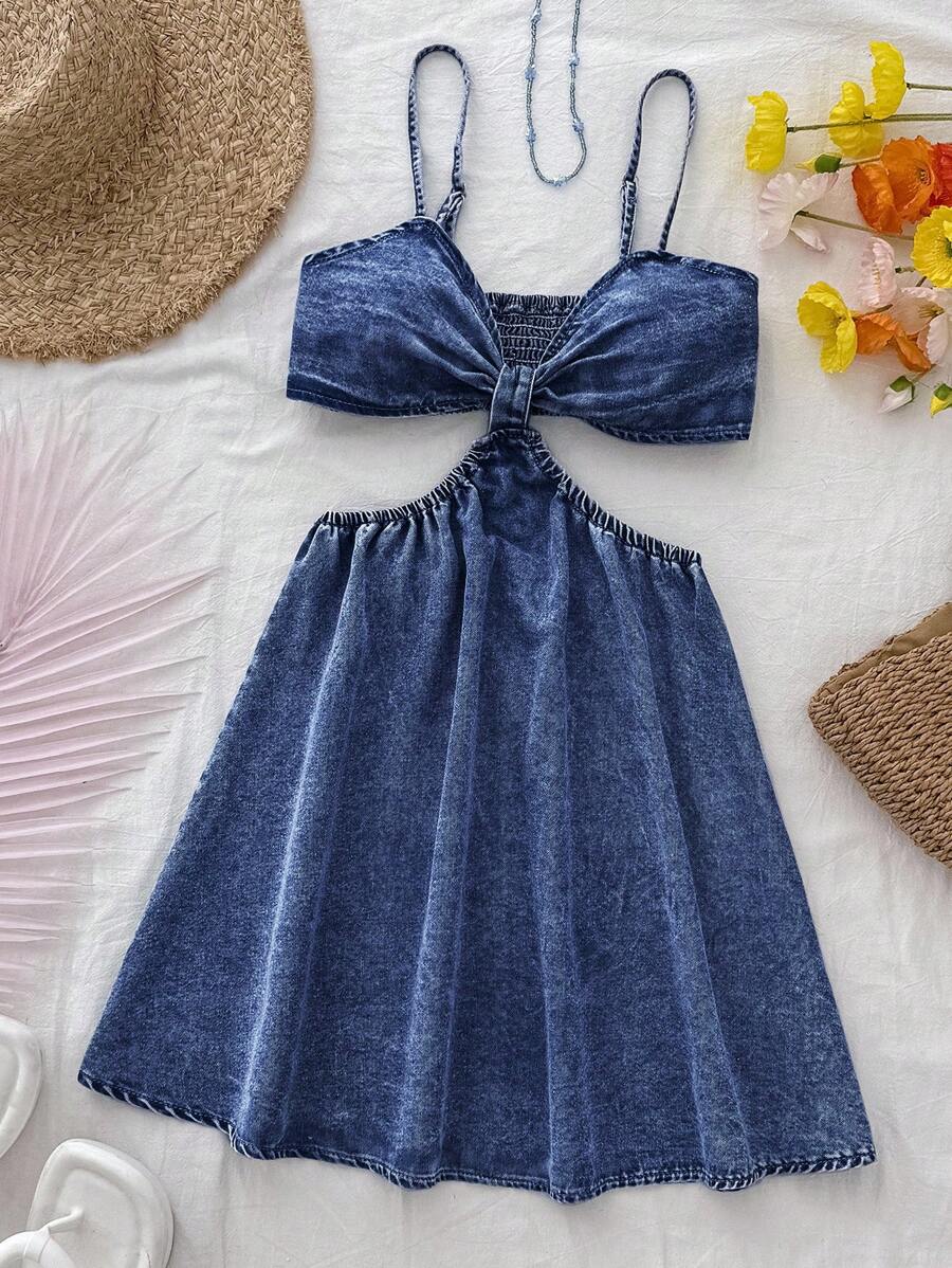 Soleia Vestido de mezclilla sin mangas para mujer, mini vestido ajustado informal, azul