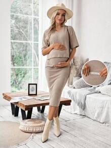 SHEIN Casual Dropped Shoulder T-Shirt And Ribbed Skirt Set - Khaki - View 3