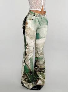 Jeanoix 女式大码时尚休闲数码印花喇叭裤 - 彩色 - 查看 6