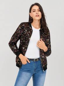 Miaspire 不对称图案亮片装饰派对音乐节经典拉链飞行夹克，适合女士、四季、节日服装 - 彩色 - 查看 1
