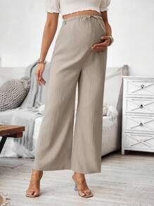 SHEIN Fashionable Loose Maternity Wide Leg Casual Solid Color Pants - Khaki - View 1