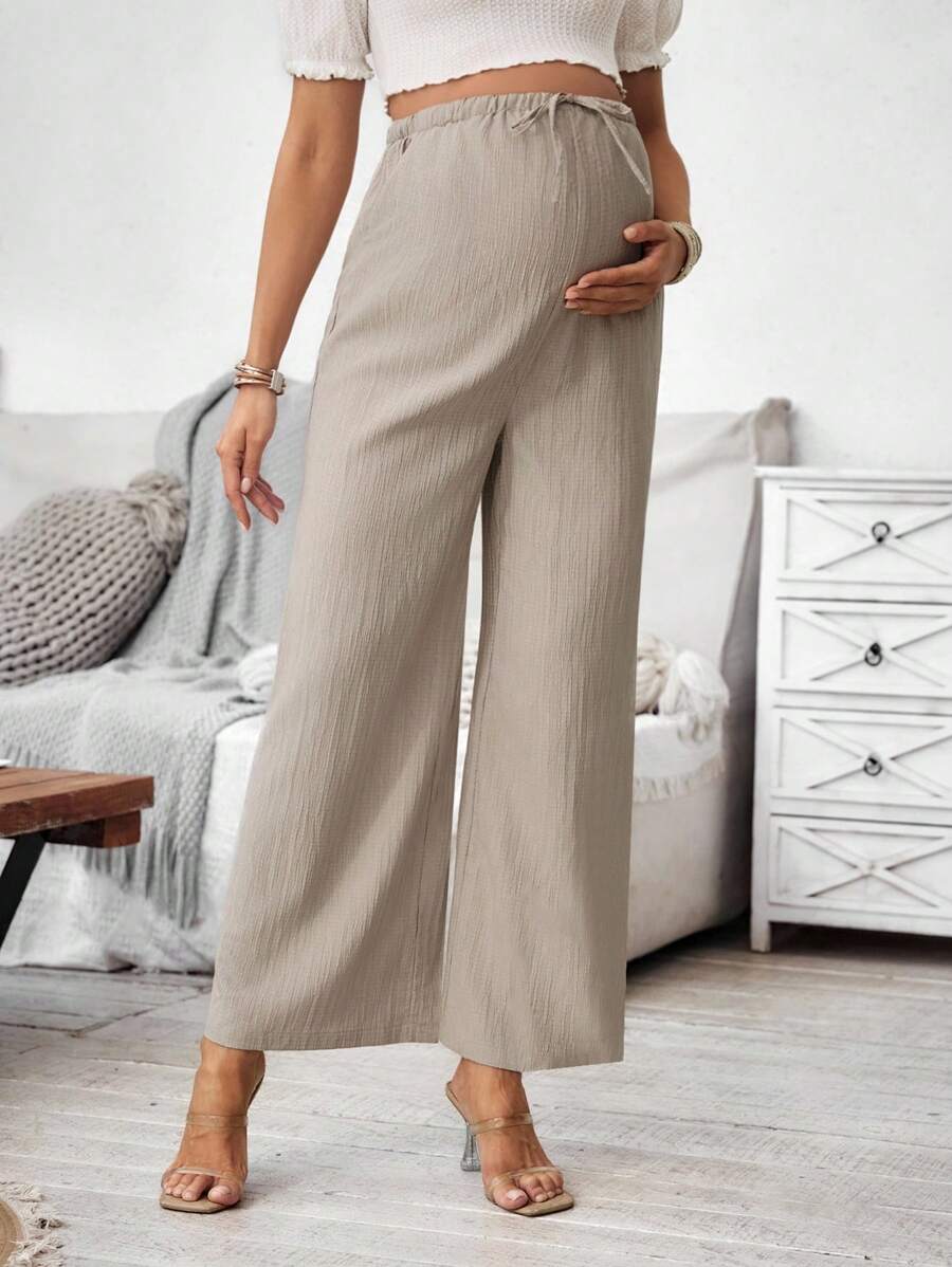 SHEIN Fashionable Loose Maternity Wide Leg Casual Solid Color Pants - Khaki - View 1
