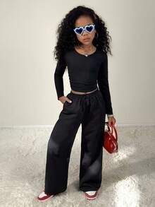 Coolane Tween Girls Four Seasons 2pcs/Set Round Neck Solid Color Fitted Long Sleeve Top And Pants Fall Winter - Black - View 2