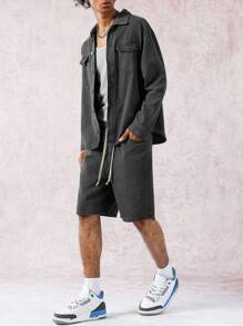 Manfinity EMRG 2pcs Men's Casual Denim Long Sleeve Shirt And Shorts Set, Fashion & Versatile Men Denim Set Men Shorts Set Boyfriend & Husband Washed Black Loose Wide Leg For Vacation