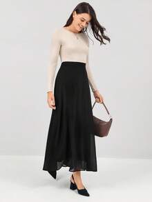 Miaspire 纯色高腰优雅A字裙 - 黑色 - 查看 7