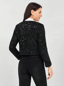 Miaspire 女士秋冬长袖亮片休闲优雅针织夹克 - 黑色 - 查看 2