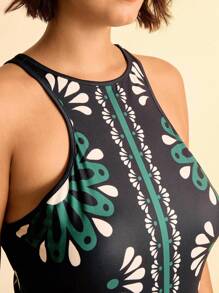 CAJUNI Damen Große Größen Boho Tropical Muster Grün ärmelloses Bodycon Maxikleid, schwarzes lässiges Urlaubs-Maxikleid - Verschiedenfarbig - Übersicht 5