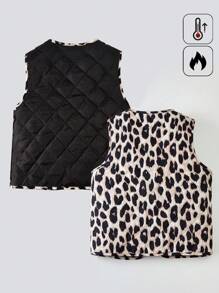 Tween Girl Leopard Print Reversible Front Tie Casual Vest, Winter Jacket Fall - Coffee Brown - View 2