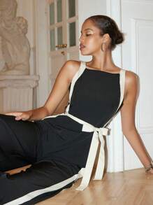 Islaluna 春季女式时尚性感优雅黑白拼接连体裤 - 黑色 - 查看 5