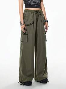 SHEIN Unity Women's Streetwear Solid Color Drawstring Cargo Pants, Summer Fall Cloth For Women - Army Green - View 3