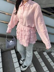 FRIFUL 2pcs Women Solid Color Sweet Casual Back To School Outfit, Layered Shirt And Skirt Set, Autumn