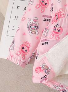 SHEIN Elladie kids 1 件年轻女孩可爱卡通印花粉色连帽运动衫，松紧腰带，保暖衬里，时尚简约设计，适合秋冬 - 粉色 - 查看 6