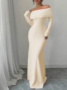 Rafferiza 性感优雅修身长袖束腰双层露肩露背扭纹鱼尾下摆罗纹针织连衣裙，白色，秋冬长款女装 - 卡其色 - 查看 6