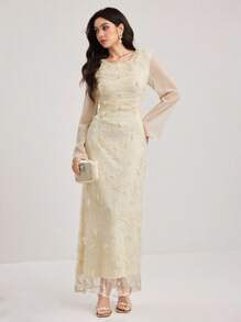 Modelyn Damen Mode 3D Blumen Dekor Midi-Kleid, Kleid mit gemischtem Material Paneel Splice, Stilvolle lässige Damen Outfits für Herbst, Süße, bescheidene Vintage Damen Outfits, Outfits für Schulanfang, Schulanfang Kleider, Outfits für Lehrerinnen