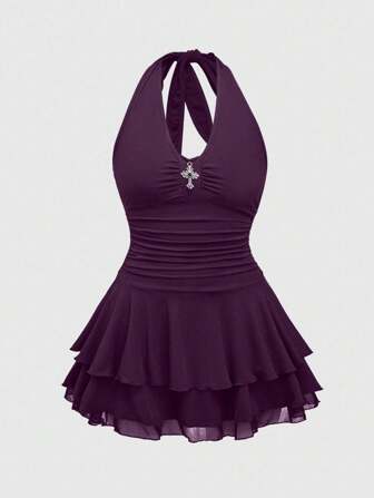 J-Fashion Punk-Stil Kreuz verziertes mehrlagiges Mini-Träger-Kleid